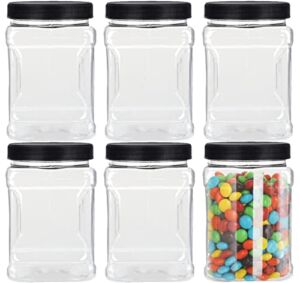 Lawei 6 Pack Clear Plastic Jars with Lids – 32 Oz Square Plastic Jars Containers with Easy Grip Handles Plastic Storage Jars for Dry Goods Cookies Candy and More
