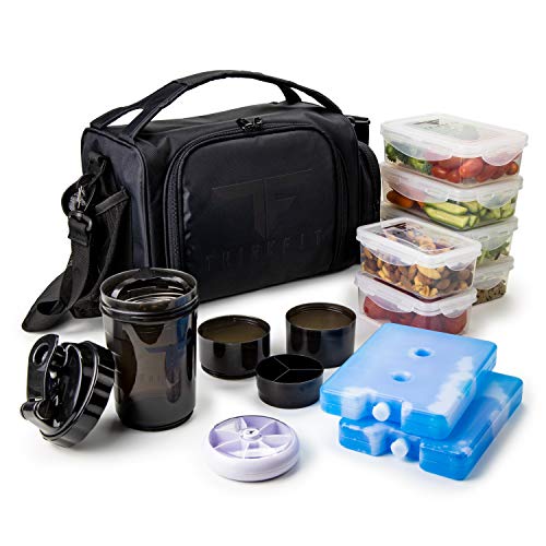 ThinkFit Insulated Meal Prep Lunch Box with 6 BPA-Free, Reusable, Microwavable, Freezer Safe Food Portion-Control Containers, Shaker Cup, Pill Organizer, Lunch Bag with Storage Pocket – (Black) | The Storepaperoomates Retail Market - Fast Affordable Shopping