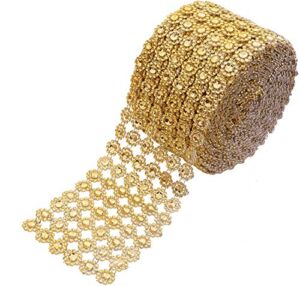 YYaaloa Crafts Faux Diamond Bling Wrap 4″ x 10 Yards 6 Rows Gold Flower Pattern Faux Rhinestone Crystal Mesh Ribbon Roll for Wedding, Party, Centerpiece, Cake, Vase Sparkling Decoration (Gold)