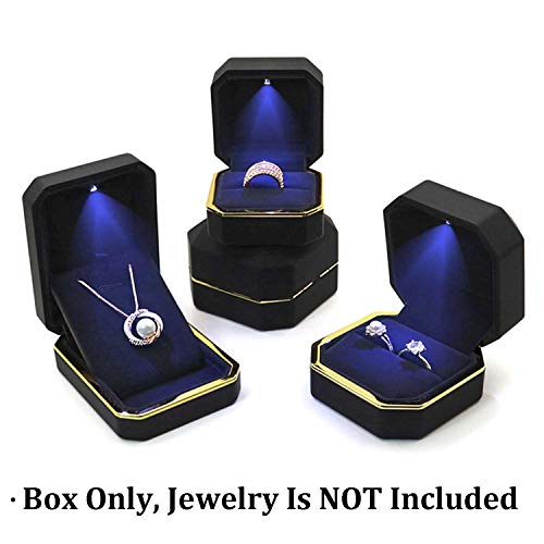 AVESON Luxury Ring Box, Square Velvet Wedding Ring Case Jewelry Gift Box with LED Light for Proposal Engagement Wedding, Black | The Storepaperoomates Retail Market - Fast Affordable Shopping