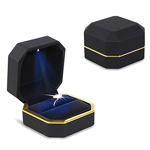 AVESON Luxury Ring Box, Square Velvet Wedding Ring Case Jewelry Gift Box with LED Light for Proposal Engagement Wedding, Black | The Storepaperoomates Retail Market - Fast Affordable Shopping