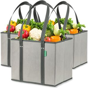 Reusable Grocery Shopping Box Bags (3 Pack – Gray). Large, Premium Quality Heavy Duty Tote Bag Set with Extra Long Handles & Reinforced Bottom. Foldable, Collapsible, Durable and Eco Friendly