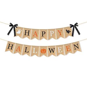 Highly Recommended Happy Halloween Burlap Banner – Multicolored Design Pumpkin Witch Halloween Party Decorations White Black Orange