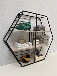 Admired By Nature Modern White Oak Wood Contemporary Hexagon Mounted Metal Hanging Storage Floating Shelves, Black, ABN5E163-NTRL Wall Shelf