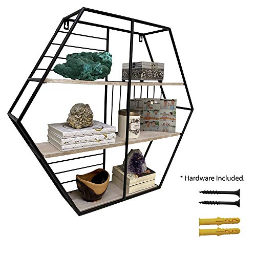 Admired By Nature Modern White Oak Wood Contemporary Hexagon Mounted Metal Hanging Storage Floating Shelves, Black, ABN5E163-NTRL Wall Shelf | The Storepaperoomates Retail Market - Fast Affordable Shopping