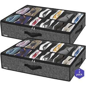 Onlyeasy Sturdy Under Bed Shoe Storage Organizer, Set of 2, Fits Total 24 Pairs, Underbed Shoes Closet Storage Solution with Clear Window, Breathable, 29.3″x23.6″x5.9″, Linen-like Black, MXAUBSB2P