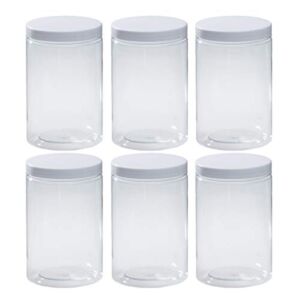 43oz (1280 ml) Clear Plastic Jars with Smooth White Lids and Labels (6 Pack), Wide Mouth, BPA Free, PET Jars Bulk for Home & Kitchen Pantry Organization and Storage