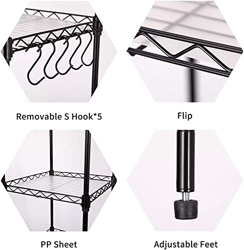 WANDOFO 4 Tier Wire Shelving, 11.8 x 11.8 x 40.2 Inches, Adjustable Metal Storage Pantry Shelf Rack with 5 PP Sheets and S Removable Hooks for Bathroom Closet Kitchen Laundry, Black | The Storepaperoomates Retail Market - Fast Affordable Shopping