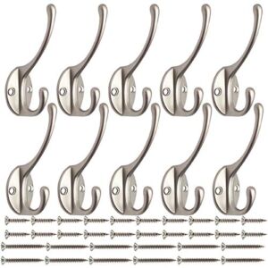 10 Pack Heavy Duty Dual Coat Hooks Wall Mounted with 40 Screws Retro Double Hooks Utility Silvery Hooks for Coat, Scarf, Bag, Towel, Key, Cap, Cup, Hat (Silvery)