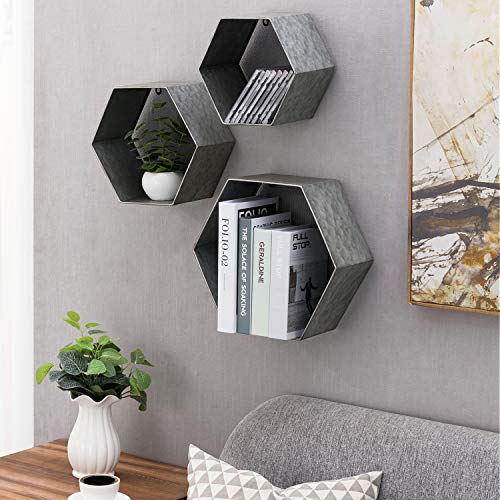 MyGift Wall Mounted Geometric Hexagon Hanging Shelf Design Rustic Galvanized Silver Metal Floating Shelves with Mesh Backing, Set of 3 | The Storepaperoomates Retail Market - Fast Affordable Shopping
