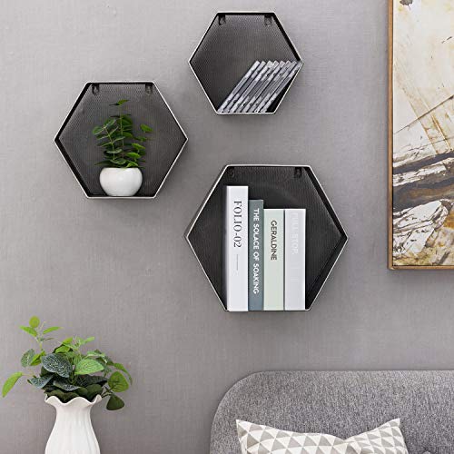 MyGift Wall Mounted Geometric Hexagon Hanging Shelf Design Rustic Galvanized Silver Metal Floating Shelves with Mesh Backing, Set of 3 | The Storepaperoomates Retail Market - Fast Affordable Shopping