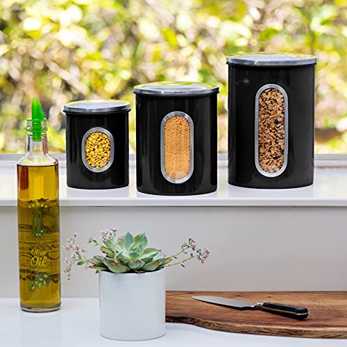 MiXPRESSO 3 Piece Black Canisters Sets For The Kitchen, Kitchen Jars With See Through Window | Airtight Coffee Container, Tea Organizer, And Sugar Canister, Kitchen Canisters Set of 3 (Black) | The Storepaperoomates Retail Market - Fast Affordable Shopping