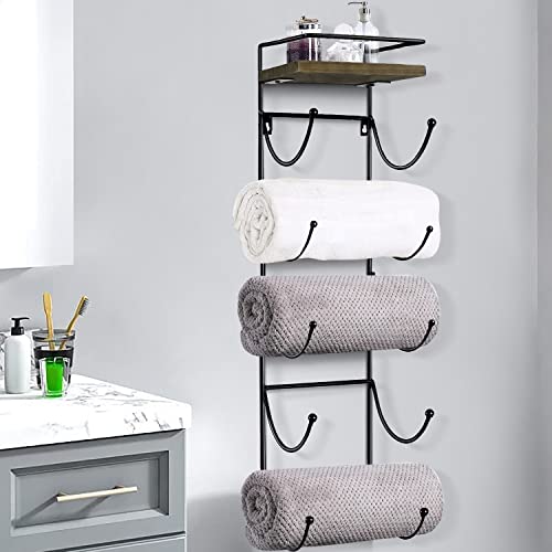 Towel Rack Wall Mounted with Top Shelf,Towel/Wine Rack Holder Organizer with 5 Compartments and Top Wooden Shelf for Bathroom Storage Bath Towels, 30.7″ L x 7″ W | The Storepaperoomates Retail Market - Fast Affordable Shopping