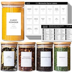162 Minimalist Spice Jar Labels – Preprinted Spice Stickers – Black Text on White Waterproof Label – Fits Round Bamboo Jars or Rectangular Spice Jars – Herb Seasoning Kitchen Pantry Labels Stickers