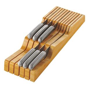 In-Drawer Knife Block Organizer – Bamboo Wood Drawer Knife Organizer – Holds 5 Long + 6 Short Knives (Not Included) – Store Knives with Blades Pointing Down