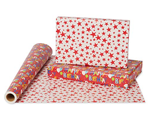 American Greetings Reversible Wrapping Paper, Happy Birthday Lettering and Stars (1 Jumbo Roll, 175 sq. ft.) | The Storepaperoomates Retail Market - Fast Affordable Shopping