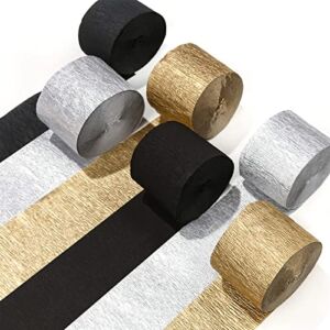 PartyWoo Crepe Paper Streamers 6 Rolls 492ft, Pack of Gold, Silver and Black Party Streamers for Party Decorations, Birthday Decorations, Wedding Decorations (1.8 Inch x 82 Ft/Roll)