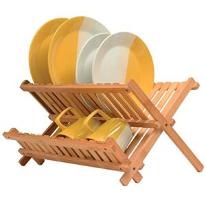Collapsible Dish Drying Rack – Bamboo 2-Tier Dish Drainer Kitchen Plate Rack for Kitchen Countertop – Foldable & Compact for Space-Saving Storage