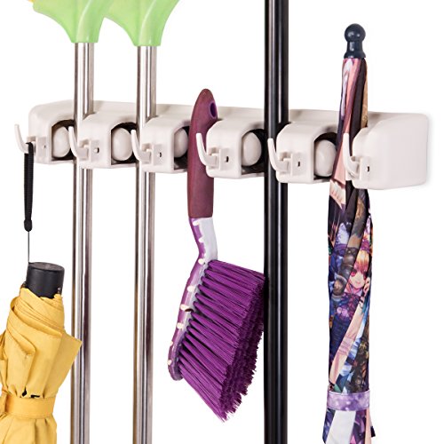 Tangkula Wall Mount Mop Broom Holder, Hanging Broom Organizer w/ 5 Slots & 6 Hooks, Home Storage Organizer Rack, Hanging Utility Rack for Home, Kitchen, Garage, Laundry (White) | The Storepaperoomates Retail Market - Fast Affordable Shopping