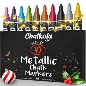Metallic Chalk Markers (10 Pack) Liquid Chalk Pens – For Blackboards, Chalkboard, Bistro Menu, Window – Wet Wipe Erasable – 6mm Reversible Bullet & Chisel Tip