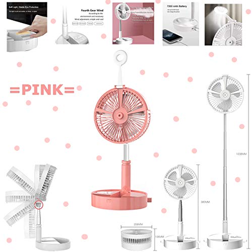 Portable floor Fan, Height Adjustable Folding Telescopic Table Fan, USB Rechargeable Personal Travel Fan with 4 Wind Speeds Air Humidifier LED Lamp and Night Light for Outdoor Camping fishing (Pink) | The Storepaperoomates Retail Market - Fast Affordable Shopping