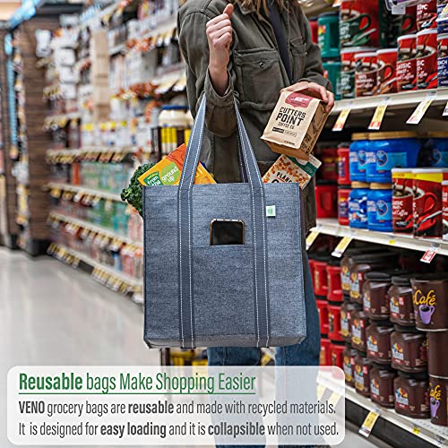 VENO 4 Pack Reusable Grocery Shopping Bag w/ Hard bottom, Foldable, Multipurpose Heavy Duty Tote, Daily Utility bag, Stands Upright, Sustainable (Set of 4, Gray) | The Storepaperoomates Retail Market - Fast Affordable Shopping