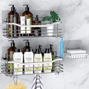 Orimade Shower Caddy Basket Soap Dish Holder Shelf with 5 Hooks Bathroom Organizer Shelf Kitchen Storage Rack Wall Mounted Adhesive No Drilling Rustproof SUS304 Stainless Steel – 3 Pack