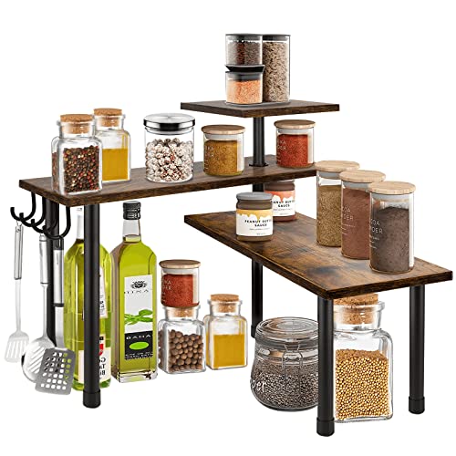 BCOZLUX Kitchen Countertop Organizer, 3 Tier Corner Counter Shelf with Metal Hooks, Bathroom Counter Organizers and Storage, Tiered Wood Spice Rack, Rustic Brown and Black | The Storepaperoomates Retail Market - Fast Affordable Shopping