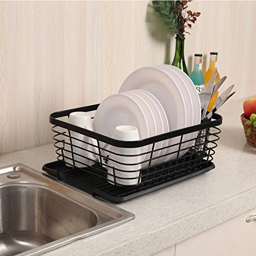 TQVAI Kitchen Dish Drainer Rack with Drying Board and Full-Mesh Silverware Utensils Holder, Black | The Storepaperoomates Retail Market - Fast Affordable Shopping