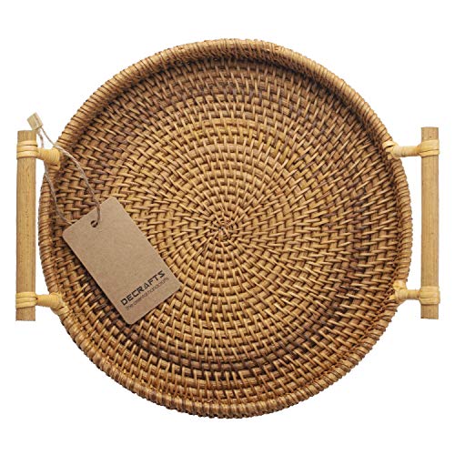 DECRAFTS Round Rattan Tray Woven Bread Basket with Handles Small Cracker Tray for Serving Dinner Parties Coffee Table Tea (Natural 11 inches Diameter) | The Storepaperoomates Retail Market - Fast Affordable Shopping