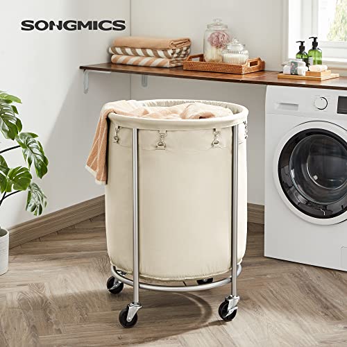 SONGMICS Laundry Basket with Wheels, Rolling Laundry Hamper, Round Laundry Cart with Steel Frame and Removable Bag, 4 Casters and 2 Brakes, Cream and Silver URLS01MZ | The Storepaperoomates Retail Market - Fast Affordable Shopping