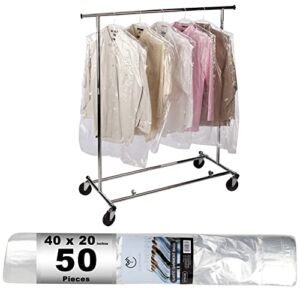 Party Bargains 40 Inch Plastic Garment Bags, 50 Pack, 80 Gauge Clear Polyethylene Clothes Cover Protector, Dry Cleaning Laundry Bag for Suits, Dresses, Gowns, Coats, and Uniforms