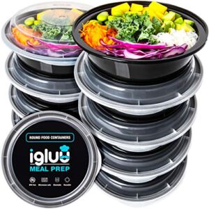 Igluu Meal Prep Round Plastic Containers – New Improved Lid – Reusable BPA Free Food Containers with Airtight Lids – Microwavable, Freezer and Dishwasher Safe – Stackable Salad Bowls – [10 Pack, 28oz]