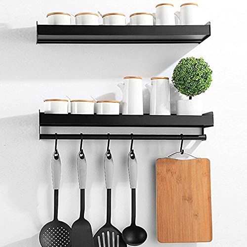 Xabitat No Drill Adhesive Wall Mounted Spice Rack with 6 Removable Hangers 16″ | Durable Washable Heavy Duty Metal Floating Kitchen Shelves | Modern Home and Bathroom Decor | Set of 2 | Black | The Storepaperoomates Retail Market - Fast Affordable Shopping