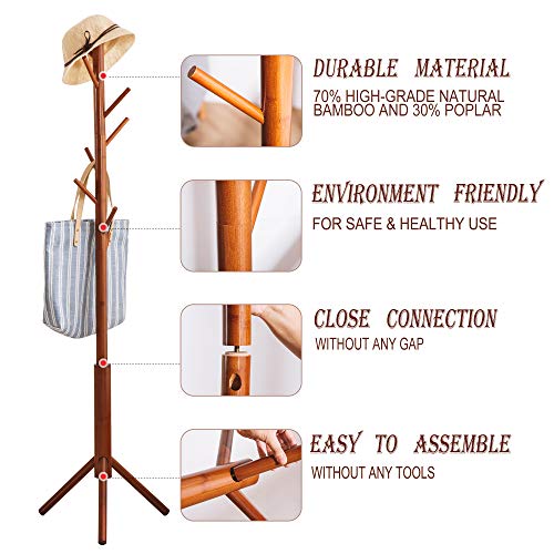 FILWH Premium Bamboo Coat Rack Tree with 8 Hooks, 3 Adjustable Sizes Free Standing Wooden Coat Rack, Super Easy Assembly Hallway, Entryway Coat Hanger Stand for Clothes Suits | The Storepaperoomates Retail Market - Fast Affordable Shopping
