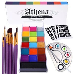 UCANBE Athena Face Body Paint Oil Makeup Set, 20 Colors FX Halloween Party Painting with Stainless Steel Mixing Palette and Spatula Tool,10 pcs Artist Paintbrushes,Tattoo Stencil Arts Crafts kit