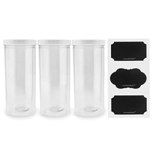 Cornucopia Tall Clear Plastic Canisters w Lids and Labels ( 3-Pack, 2.5 quart / 10 cup capacity); 10in High BPA-free PET 80oz Jars for Food & Home Storage