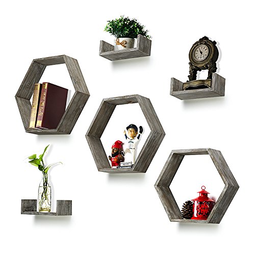 RR ROUND RICH DESIGN Wall Shelf Set of 6 – Rustic Wood 3 Hexagon Boxes and 3 Small Shelves for Free Grouping Driftwood Finish | The Storepaperoomates Retail Market - Fast Affordable Shopping
