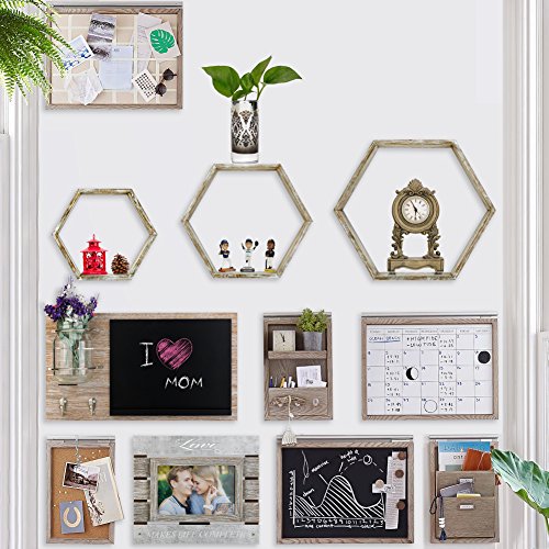 RR ROUND RICH DESIGN Wall Shelf Set of 6 – Rustic Wood 3 Hexagon Boxes and 3 Small Shelves for Free Grouping Driftwood Finish | The Storepaperoomates Retail Market - Fast Affordable Shopping