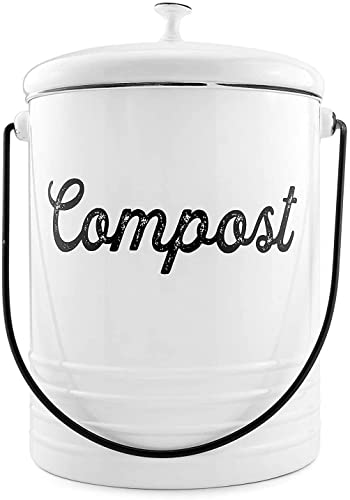 AuldHome White Enamelware Compost Bin, Farmhouse Compost Can Set with Lid and Charcoal Filters, 1.3 Gallon | The Storepaperoomates Retail Market - Fast Affordable Shopping