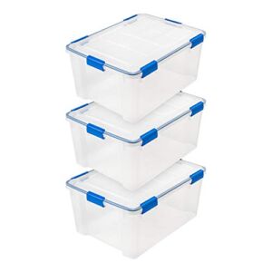 IRIS USA 60 Quart WEATHERPRO Plastic Storage Box with Durable Lid and Seal and Secure Latching Buckles, Clear With Blue Buckles, Weathertight, 3 Pack