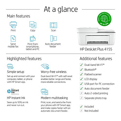 HP DeskJet Plus 4155 Wireless All-in-One Printer | Mobile Print, Scan & Copy | HP Instant Ink Ready | Auto Document Feeder (3XV13A) (Renewed) | The Storepaperoomates Retail Market - Fast Affordable Shopping