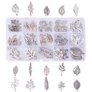 PH PandaHall 150pcs Tree Leaf Charms, 15 Style Filigree Metal Leaf Pendants Plant Charms Antique Silver Tibetan Alloy Leaves Pendants Charms Beads for DIY Bracelet Necklace Spring Jewelry Making