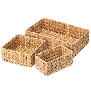 FairyHaus Wicker Baskets for Organizing 3Pack, Large and Small Wicker Storage Baskets Set, Decorative Hand Woven Baskets for Storage, Water Hyacinth Storage Baskets for Pantry Shelf Closet