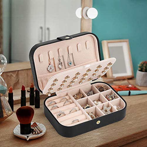 Small Jewelry Box Necklace Ring Storage Organizer Mini Jewelry case Double Layer Travel Jewelry Organizer for Women Girls Gift/Black | The Storepaperoomates Retail Market - Fast Affordable Shopping
