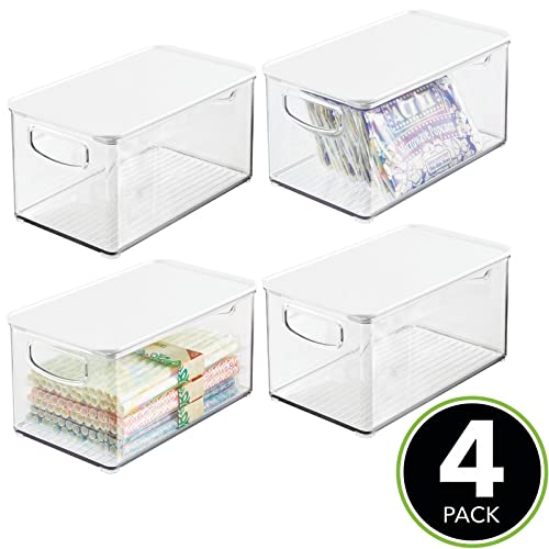 mDesign Plastic Deep Storage Bin Box Container with Lid and Built-In Handles – Organization for Fruit, Snacks, or Food in Kitchen Pantry, Cabinet, or Cupboard, Ligne Collection, 4 Pack, Clear/White | The Storepaperoomates Retail Market - Fast Affordable Shopping