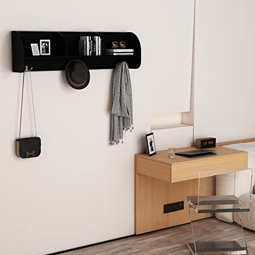 FORTUNELIN Hanging Entryway Shelf Wall Mounted Coat Rack Storage Cabinets with Hooks Wood Display Home Decor Furniture (Black) | The Storepaperoomates Retail Market - Fast Affordable Shopping