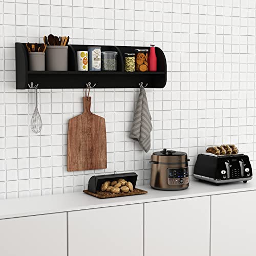 FORTUNELIN Hanging Entryway Shelf Wall Mounted Coat Rack Storage Cabinets with Hooks Wood Display Home Decor Furniture (Black) | The Storepaperoomates Retail Market - Fast Affordable Shopping