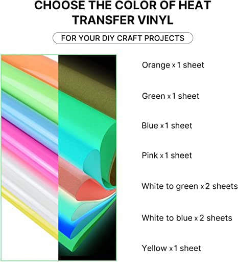 Heat Transfer Vinyl,Glow in Dark Iron on Vinyl 9 Pack 12″x 10″ PU HTV Luminous Fluorescent Color for Shirts(Glow in Dark) | The Storepaperoomates Retail Market - Fast Affordable Shopping
