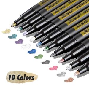 Metallic Marker Pens, XSG markers Set of 10 Colors Metallic Permanent Markers for Black Paper,Rock Painting, Card Making,DIY Photo Album, Scrapbook Crafts, Metal, Wood, Ceramic, Glass (Medium tip)